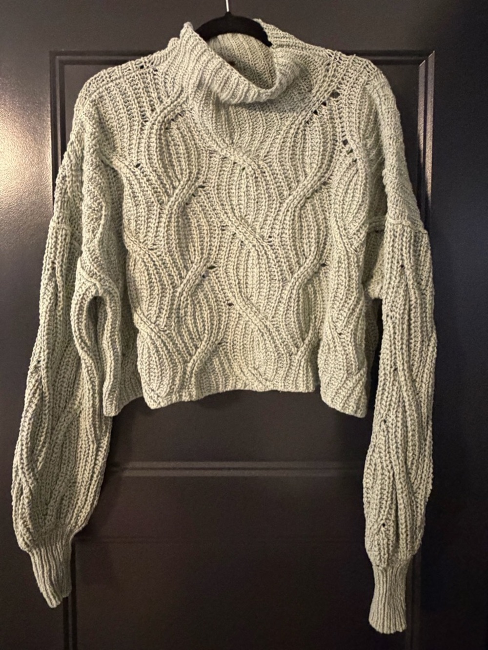 Free People Sage Green Cable Knit Cropped Turtleneck Sweater